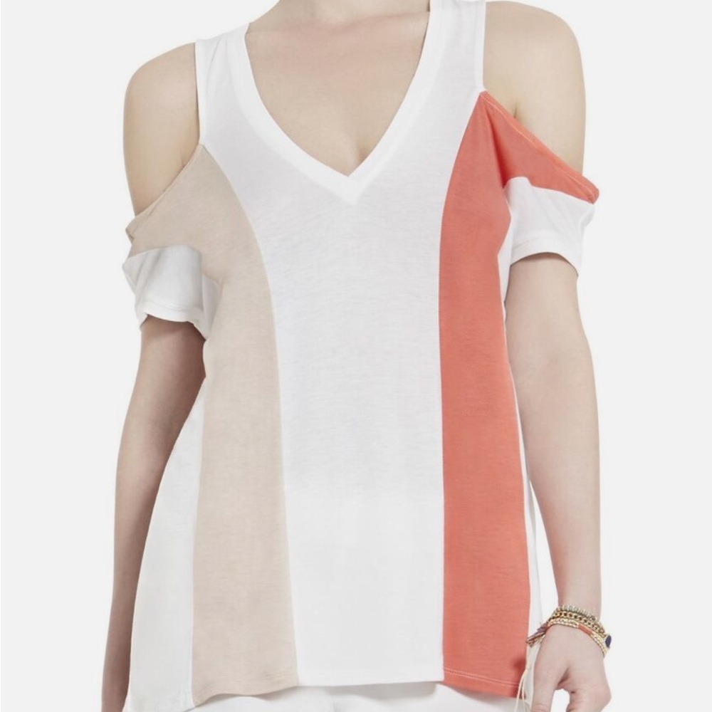 Tan and White Sleeveless Blouse with Cut Out Design